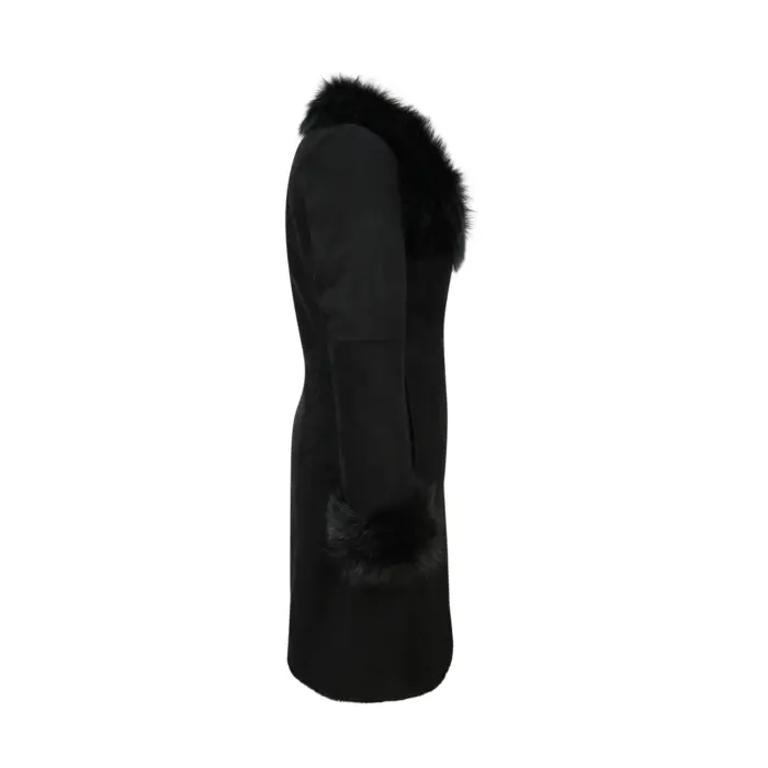 Ladies Real Sheepskin Jacket Suede Button Slim Fit 3/4 Long Trench Coat Designer - Image 4