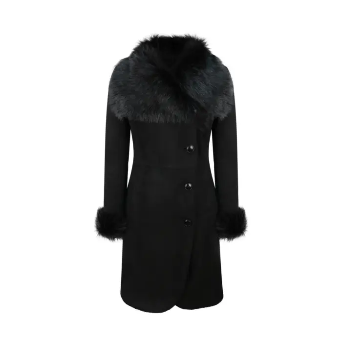Ladies Real Sheepskin Jacket Suede Button Slim Fit 3/4 Long Trench Coat Designer - Image 1
