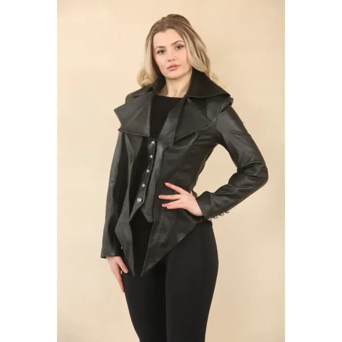 Women's Gothic Mid-Length Edwardian Leather Jacket - Image 5