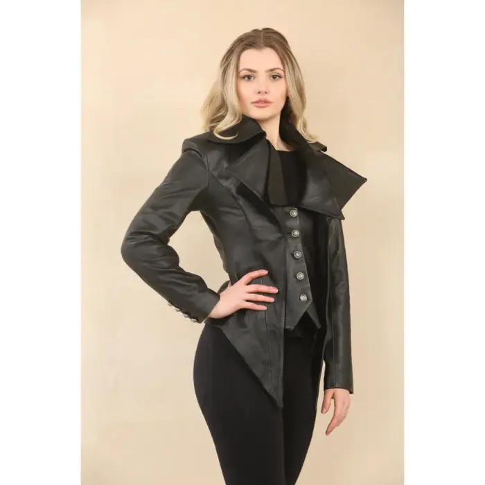 Women's Gothic Mid-Length Edwardian Leather Jacket - Image 4